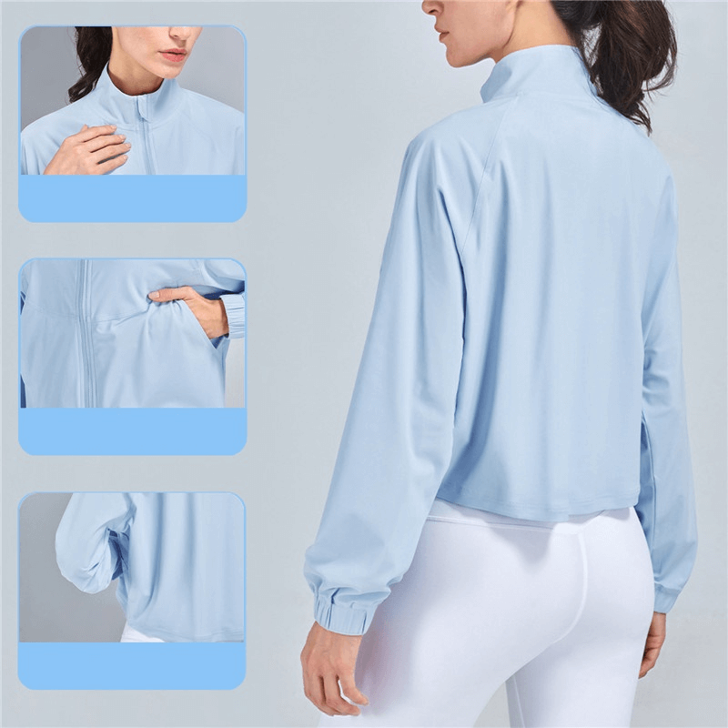 Women's light blue stand collar zipper jacket, showcasing breathable fabric and comfortable fit for casual sports.